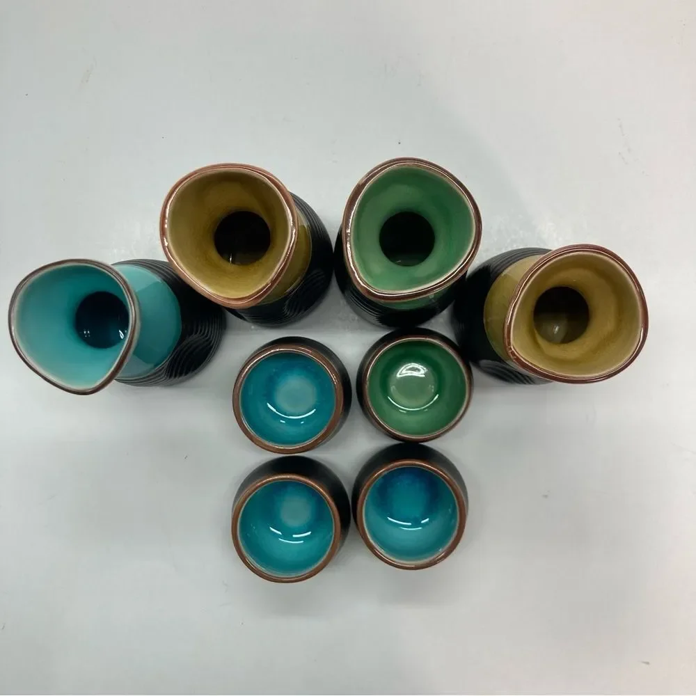 Sake Set 8pc Tokkuri Ochoko Ceramic Multicolor Glaze Japanese Style Gift Set Bar